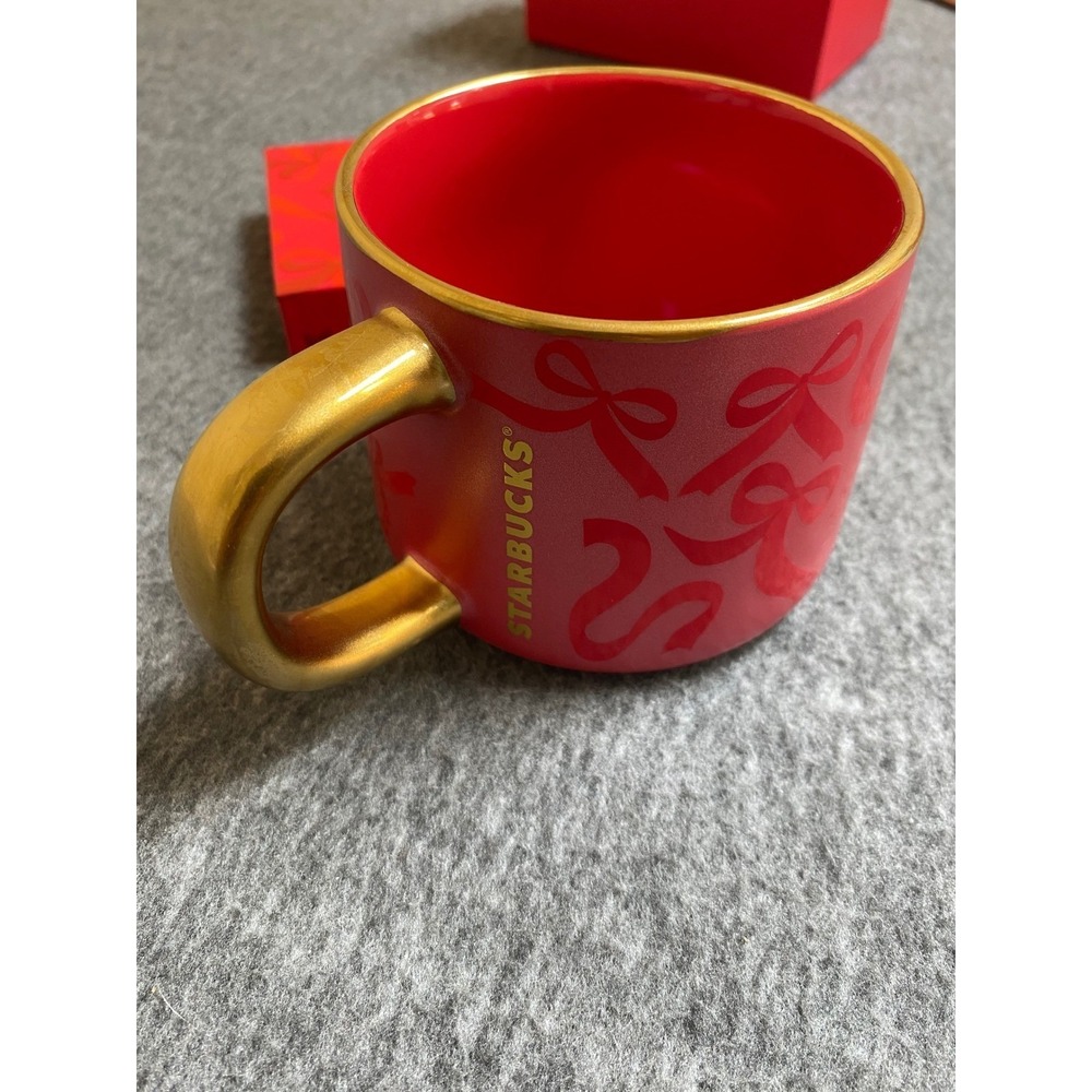 Starbucks 2025 Limited Edition Red Ribbon Bow Ceramic Mug Gold 14oz  New